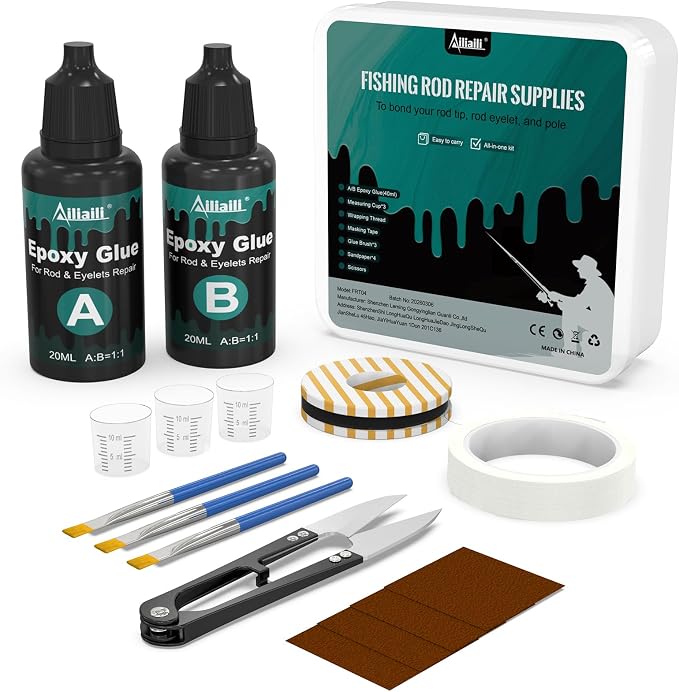 Fishing Rod Repair Supplies Kit - 40ml A&B Epoxy Glue, Wrapping Thread, Tape, and Other Accessories - Design to Bond & Hold Pole Tip, Rod Eyelet, Fishing Rod - for Men
