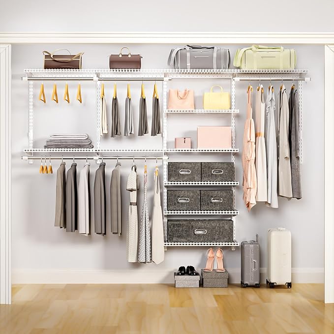 Wire Closet Organizer System, Wall Mounted 8.7 Ft. Custom Closet Kit for Bedrooms, Adjustable Storage Shelves for Clothes, Shoes, and Handbags