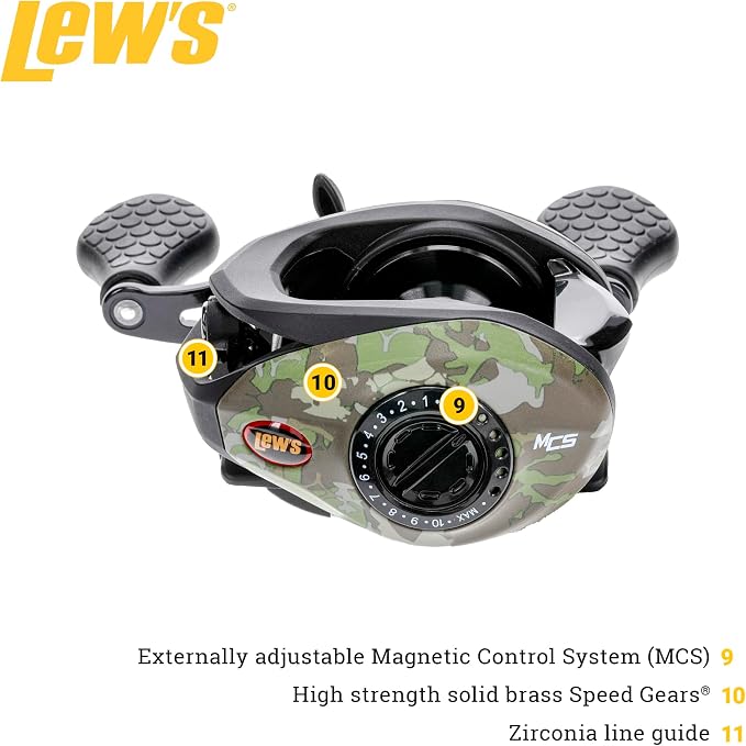 Lew’s American Hero Camo Baitcast Fishing Reel, 5+1 Bearings, 7.5:1 Gear Ratio, One-Piece Graphite Frame, Rulon Drag, Camo/Black