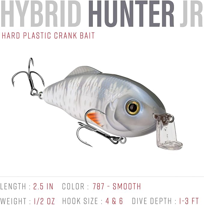 Strike King Hybrid Hunter Shallow Jr. Fishing Lure, Shallow Diving Crankbait, 90-Degree Bill, 3D Eyes, Loud Rattle, Dives 1 to 3-Feet,Size 4 & 6 Treble Hooks