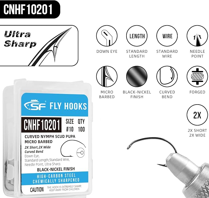 SF Fly Tying Hooks Ultra Sharp High Carbon Steel for Nymphs Wet Traditional Dry Streamers Eggs Jig Poppers Emergers Terrestrial Flies with Mini Box 100Pcs