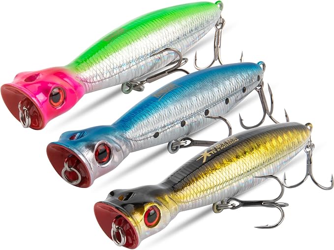 KINGDOM 3PCS Topwater Fishing Lures for Bass Whopper Popper Fishing Lure for Bass Catfish Pike Perch Floating Pencil Bait with Propeller Tail Freshwater/Saltwater