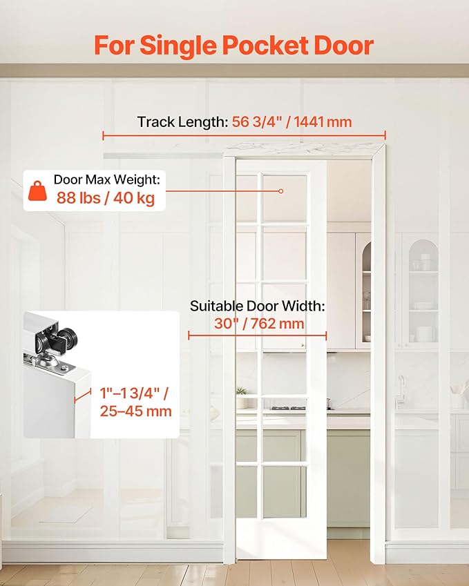 VEVOR Sliding Pocket Door Hardware Track Kit, 56.73" Pocket Door Track Kit with Soft Close Mechanism for Smooth and Quiet Sliding, Easy to Install, for 1" to 1 3/4" Thickness 30" Width Single Door