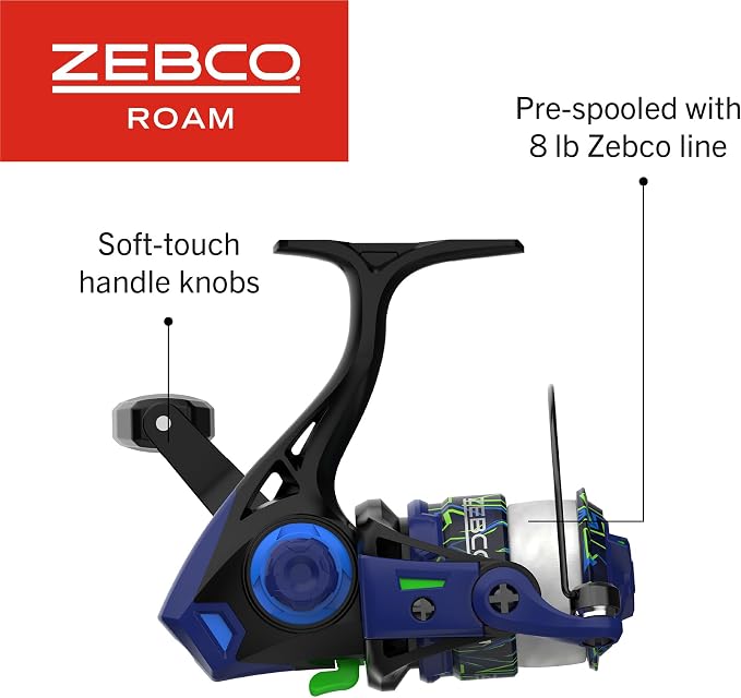 Zebco Roam Spinning Reel and Fishing Rod Combo, Fiberglass Rod, Split ComfortGrip Handle, Soft-Touch Handle Knob, Reversible Retrievee