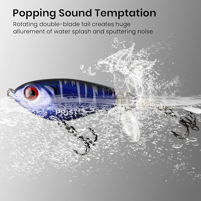 Pristis 3 pcs Topwater Fishing Plopper Lures, Floating Popper Bait Set with Chemically Sharpened Hooks for Saltwater Freshwater, Top Water Plopping Swimbait Teaser for Bass Tuna Perch Pike Crappie
