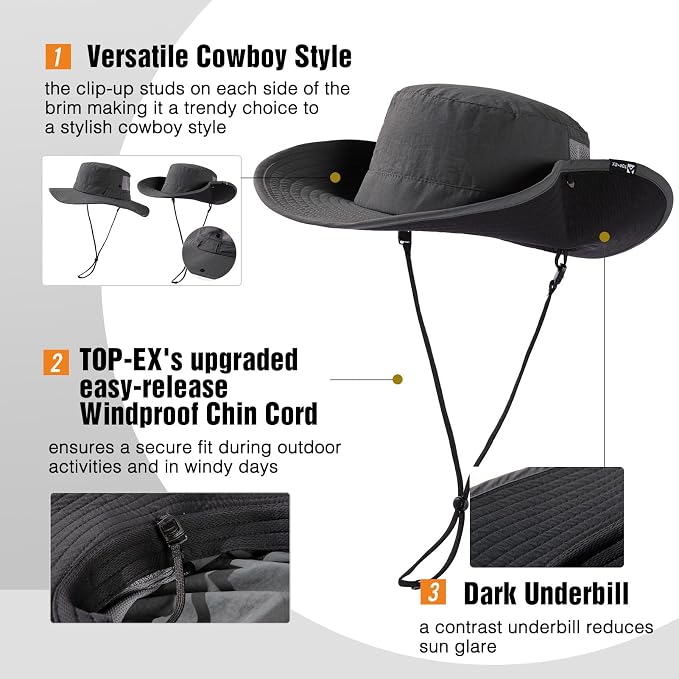 TOP-EX Men's Wide Brim Sun Hat UPF 50+ Waterproof, Packable Breathable Mesh Boonie Bucket Cap for Hiking Fishing Safari