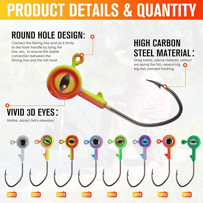 Vinsot Crappie Jig Heads 1/4oz 1/8oz 3/8oz 1/16oz 1/32oz Fishing Jig Hooks Simulation Fish Eye Ball Hook Bulk for Crappie Bass Trout Lures Gift