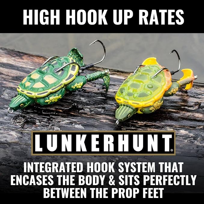 Lunkerhunt - Turtle Prop Lure | Topwater Best Bass Fishing Lure (3 Sharp Wide Gap Hooks) | Trout Lure Hollow Body | Unique Fishing Lures for Freshwater | Double Loud Propeller Feet