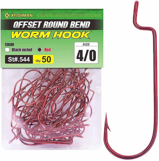 Offset-Worm-Hooks-for-Bass-Fishing-Round Bend Plastic Worms Texas Rig Hook Black Red 1/0 2/0 3/0 4/0