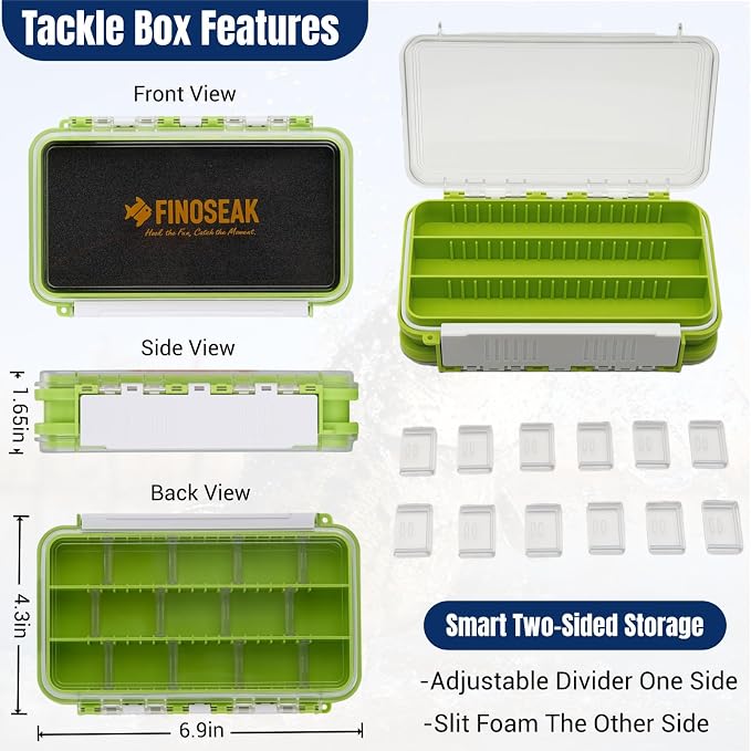 Sturdy Dual Sided Small Tackle Box Organizer, Waterproof Sealed Clear Fishing Tackle Box Tray Storage Case with Slit Foam for Jig Heads-Flies-Spoons-Rigs and Lures (FN0801)