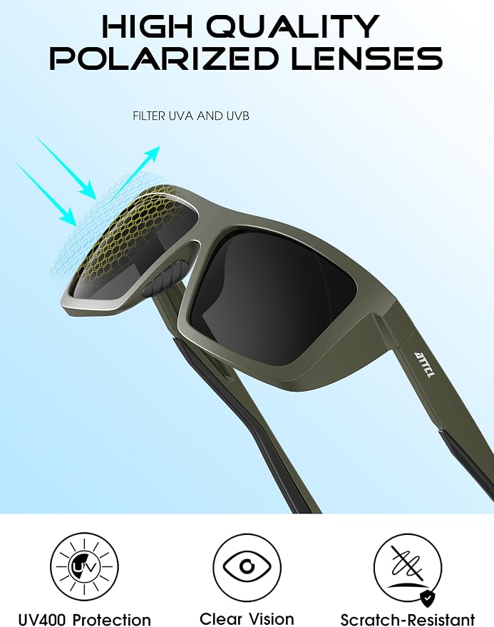 ATTCL Sports Polarized Sunglasses for Men: Secure Anti-Slip Lightweight TR90 Square Frame UV Protection for Driving Fishing