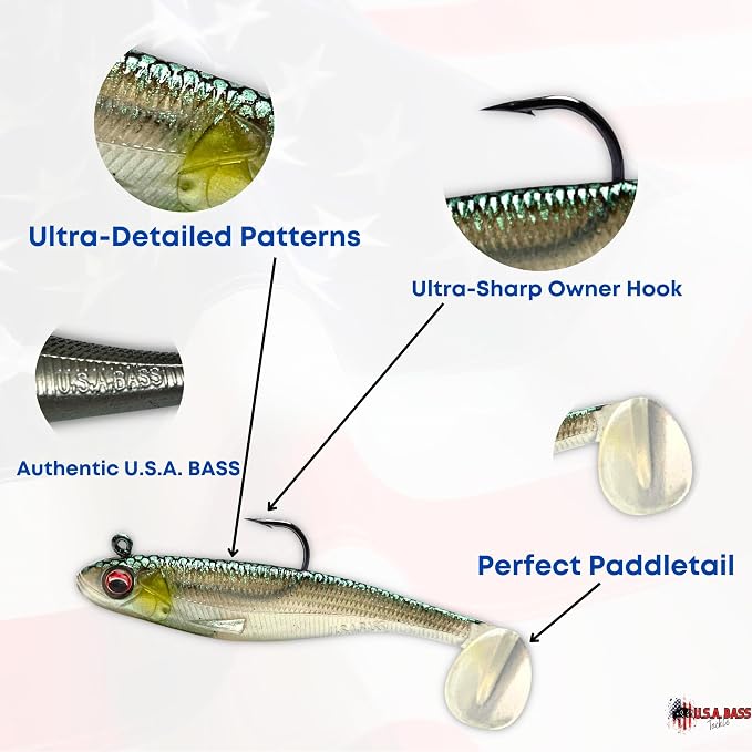 USA Bass Tackle Patriot Shad - Scent Infused Paddle Tail Swimbaits Pre Rigged Fishing Lures Premium Bait Strong Owner Hook, Fishing Gear for Bass Freshwater Predator Fish