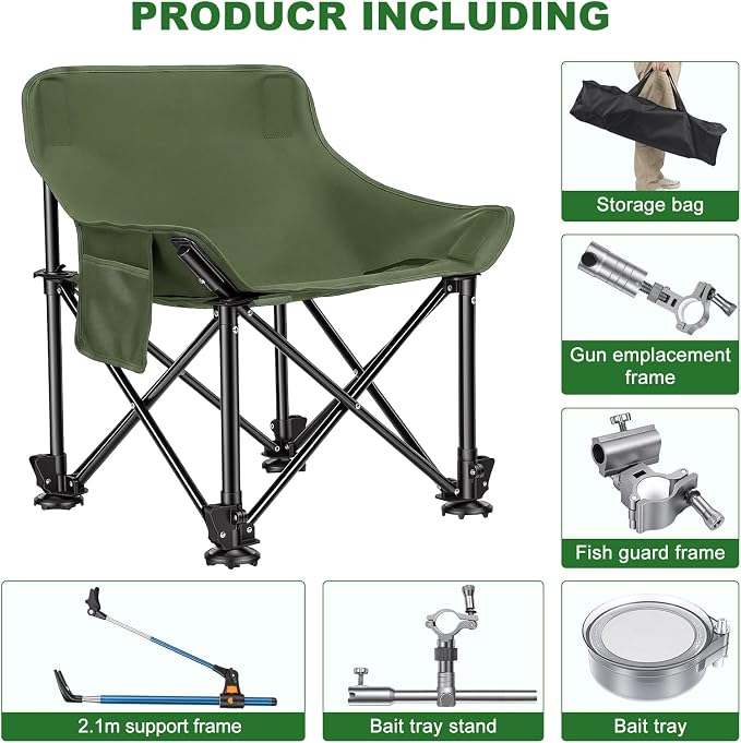 Folding Fishing Chair with Complete Accessories, Portable Camping Chair for Outdoor Fishing, 220LBS Load-Bearing, Non-Slip All-Terrain Design with Storage Bags, Carbon Steel Fishing Chair