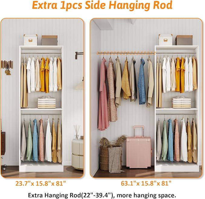 Closet System with 6 Hanging Rods& Shelf, 4FT Small Closet Organizer System Wood with Extra Side Hanging Rod for Walk in Closet Storage, Modular Closet Systems, White(4FT)