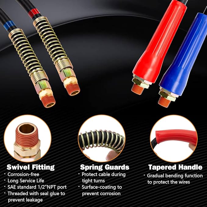 KOOTANS 15FT Semi Truck Air Line Kit 3 in 1 ABS 7 Way Electrical Cable Cord and Air Brake Hoses with Glad Hands and Gladhand Handles Air Lines Set for Semi Truck Trailer Tractor
