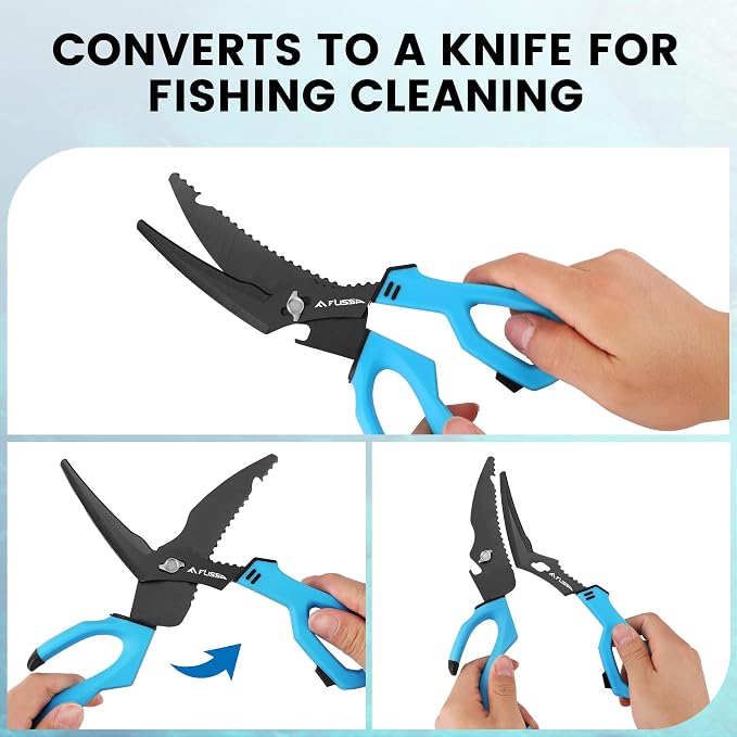 FLISSA 10" Fishing Scissors, Stainless Steel Detachable Kitchen Scissors, Fishing Shears with Fin Clipper & Fish Scaler, Non-Slip Grip, Protective Sheath
