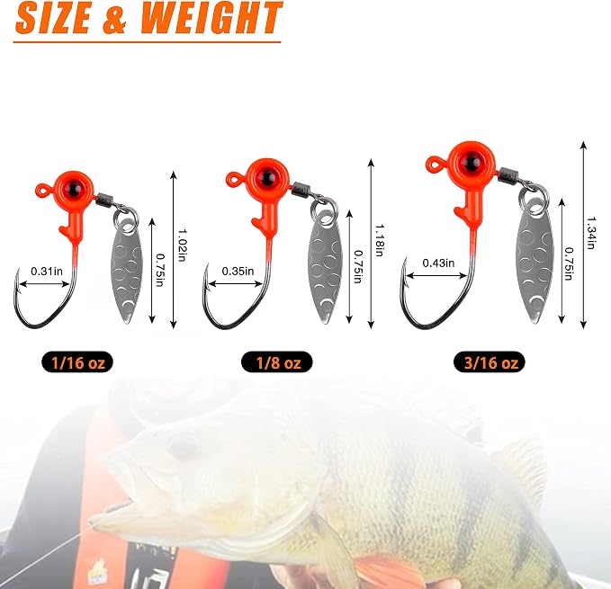 Crappie Jig Heads Fishing Lures Kit, 15pcs Underspin Jig Heads with Spinner Blade Crappie Lures Eye Ball Head Painted Fishing Jigs for Bass, Trout, Panfish, Sunfish