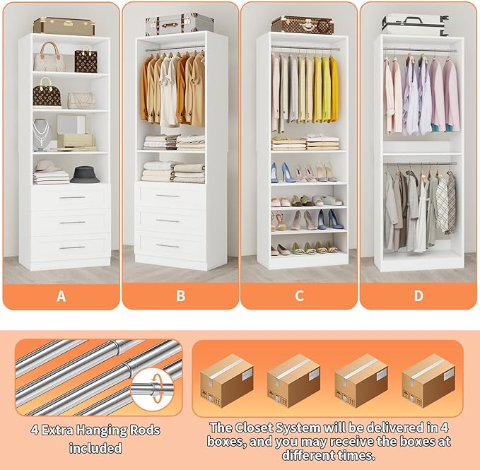 Closet System with 4 Sets, 8–21 FT Closet System with 6 Drawers, 9 Shelves & 8 Hanging Rods, Max 252″ Closet Organizer System for Walk in Closets, Modular Custom Wood Closet Kit with Shoe Racks, White