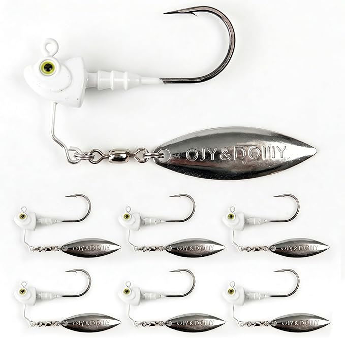 6-Pack Underspin Jig Heads with 100% Brass Blade (Never Rust) - 3/16oz, 1/4oz, 3/8oz, 1/2oz - Bass & Saltwater Fishing