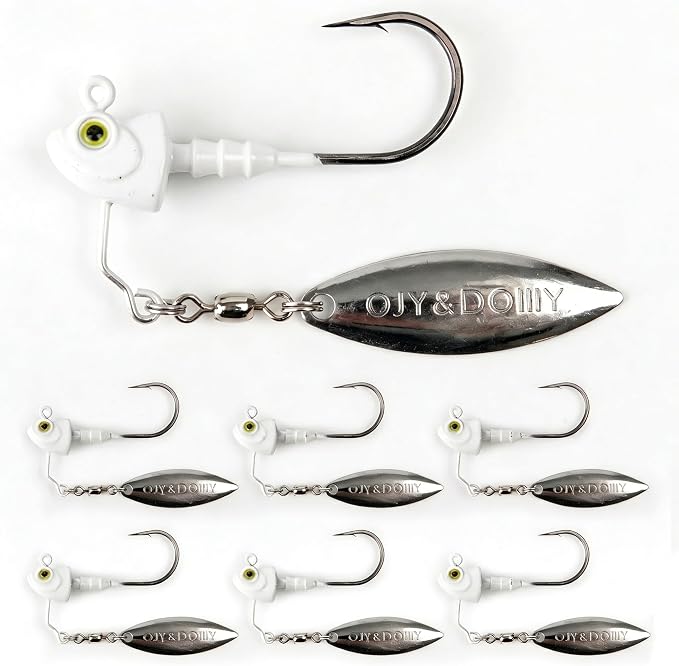 6-Pack Underspin Jig Heads with 100% Brass Blade (Never Rust) - 3/16oz, 1/4oz, 3/8oz, 1/2oz - Bass & Saltwater Fishing