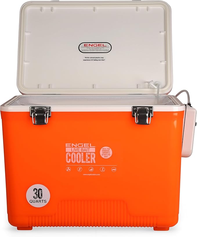 Engel Live Bait Cooler Box with 2nd Gen 2-Speed Aerator Pump - Portable Fishing Station & Minnow Bucket for Shrimp & Other Live Fish with Aerator - ENGLBC-N