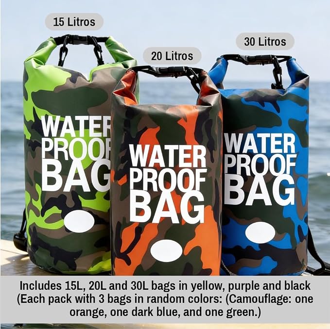Waterproof Dry Bag Set of 3 (15L 20L 30L) - PVC Roll Top Dry Bags Waterproof - Backpack for Kayaking, Camping, Beach & Travel (Camouflage Orange, Dark Blue, Green)