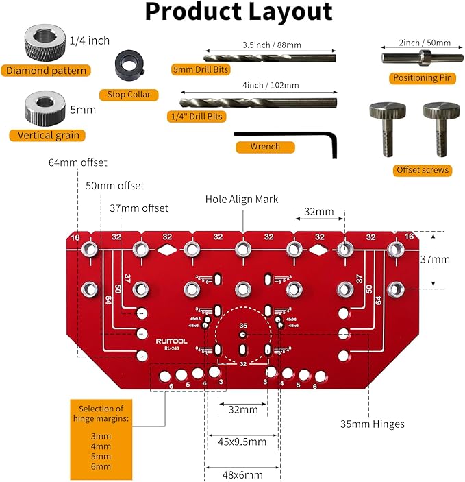 RUITOOL Shelf Pin Jig and Hinge Jig Two-in-One, Self-contained Clamping Function All Metal Shelf Pin Drilling Jig with 1/4" and 5mm Drill Bits, Shelf Jig and Cabinet Hardware Jig Tool Drill Guide