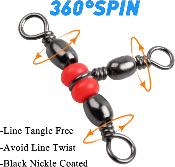 Fishing Swivels 3 Way Swivel Kit, 60pcs Cross-line Crane Swivels Fishing Tackle Hook Lure Line Connector for 3 Way Rig Catfish Rig