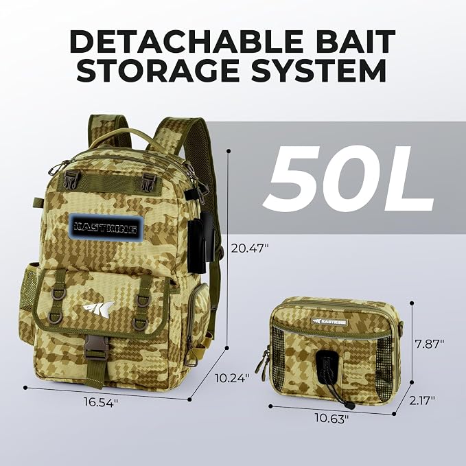 KastKing BaitSpace Fishing Tackle Backpack with Removable Bait Binder,2 Rod Holders Storage Fishing Gear and Equipment