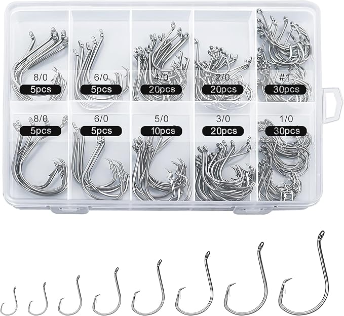 150PCS Circle Hooks, Strong High Carbon Steel Fresh and Saltwater Fishing Hooks, Variety of Different Sizes Circle Hook - Size:#1 1/0 2/0 3/0 4/0 5/0 6/0 8/0