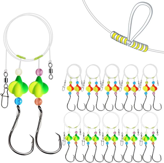 Dovesun 10PCS/4PCS Pompano Rigs for Surf Fishing Saltwater Fishing Rigs with Floats and Beads Unique Double-Line T-Knot Pre-Rigged Surf Fishing Gear & Tackle with Circle Hooks