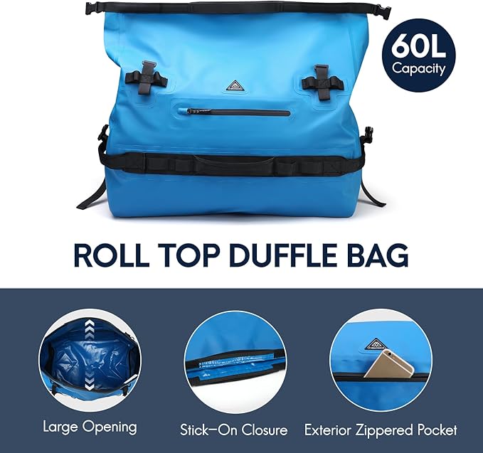 Haimont IPX7 Waterproof Roll-Top Dry Duffel Backpack | 60L/90L Sizes, 500D Tarpaulin, Welded Seams, Mesh Pockets, Boating & Kayaking