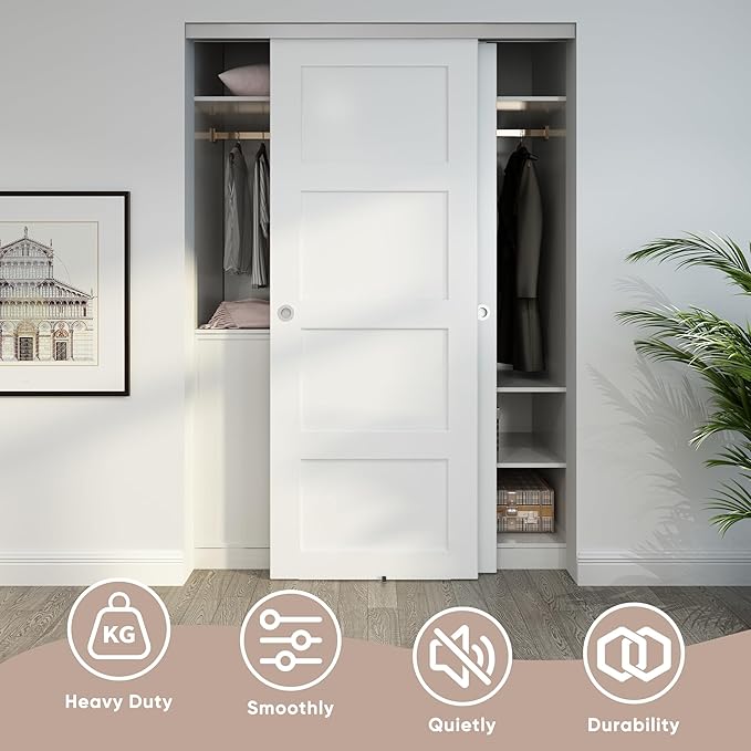 JUBEST 5FT/60 Heavy Duty Bypass Door Hardware with Soft Close Mechanism, Sliding Closet Door Hardware Set for 2 Door System, Smoothly and Quietly, Fit Door Thickness 1 3/8" or 1 3/4", Easy to Install