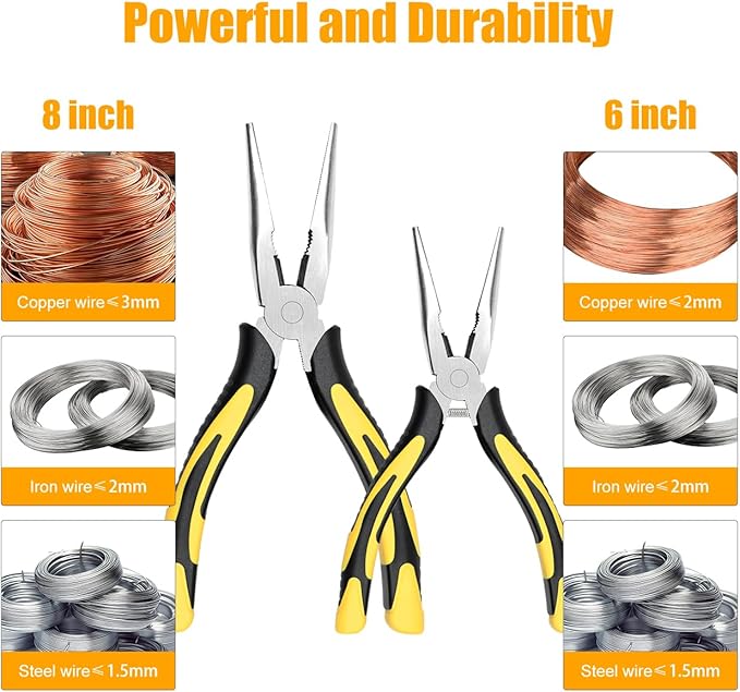Premium Long Needle Nose Pliers-6''&8'', Paper Clamp Precision, High Carbon Steel, Soft Grip with Wire Cutter, Long Nose Cutting Pliers for Home, Fishing, Jewelry, Crafts,2pcs