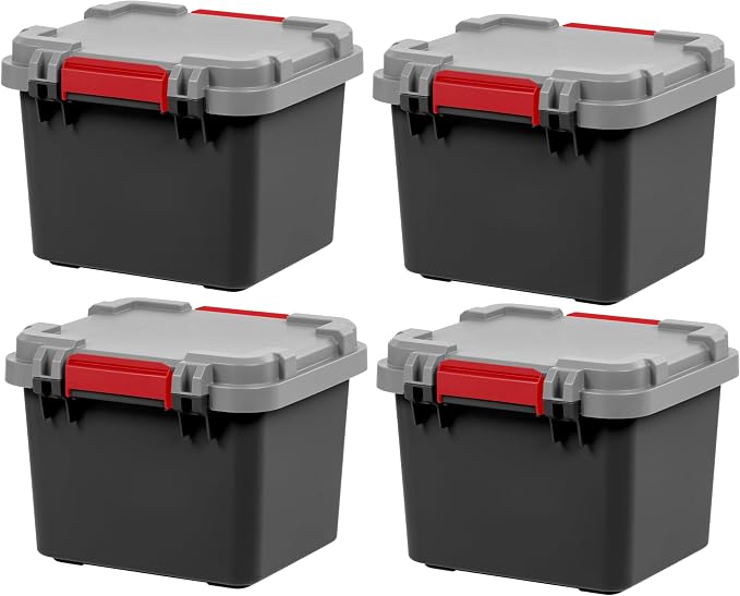 IRIS USA 4 Pack TrailBox, 8 Gallon Lockable Storage Trunk Box, Truck Bed Bin Heavy-Duty Containers Camping Gear, Adventure Chest - Dark Gray/Gray