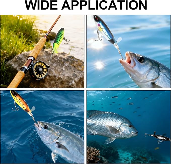 Popper Top Water Fishing Lure: Whopper Fishing Lures with Floating Rotating Tail Barb Treble Hooks Saltwater Freshwater for Bass