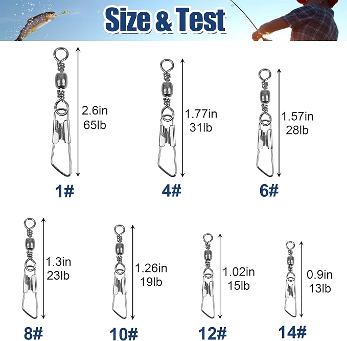 Fishing Swivels Snap Swivels, Barrel Swivels with Safety Snaps High Strength Solid Rings Fishing Swivels Freshwater Saltwater Snap Connector