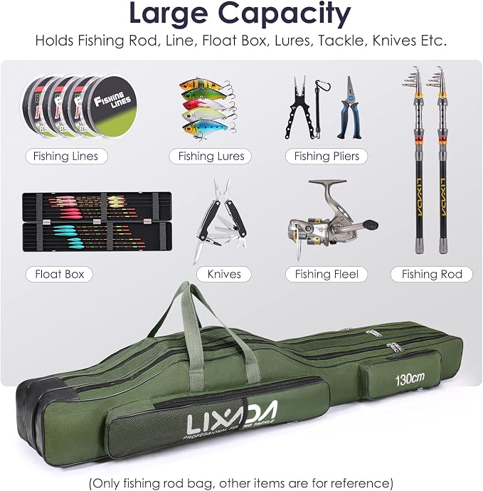 Lixada Fishing Rod Case, 3 Layers Oxford Fishing Rod Bag, Portable Foldable Fishing Pole Bag, Fishing Rod Carrier Fishing Tackle Storage Bag Travel Carry for Fishing Gear & Equipment