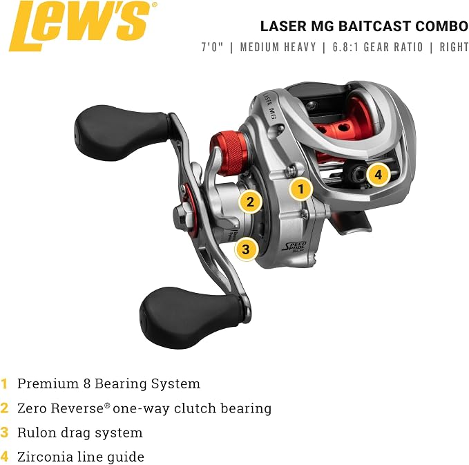 Lew's Laser MG Speed Spool Baitcast Reel and Fishing Rod Combo, Premium IM6 Graphite Rod with Split Grip EVA Handle, Right-Hand Retrieve, Silver