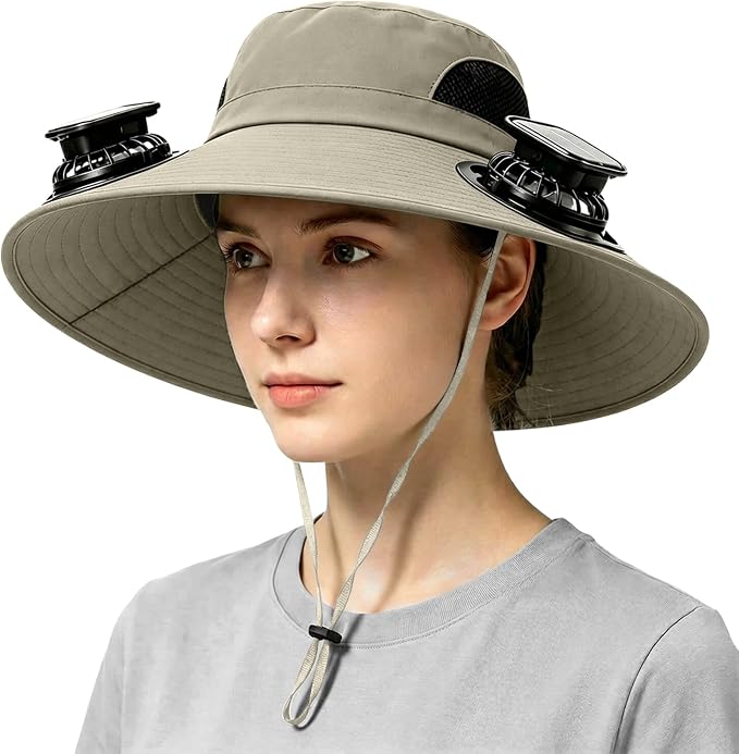 Solar Powered Fan Hat for Men Women Wide Brim Hat with 2 Fans UPF 50+ Outdoor Fishing Beach Sun Hat