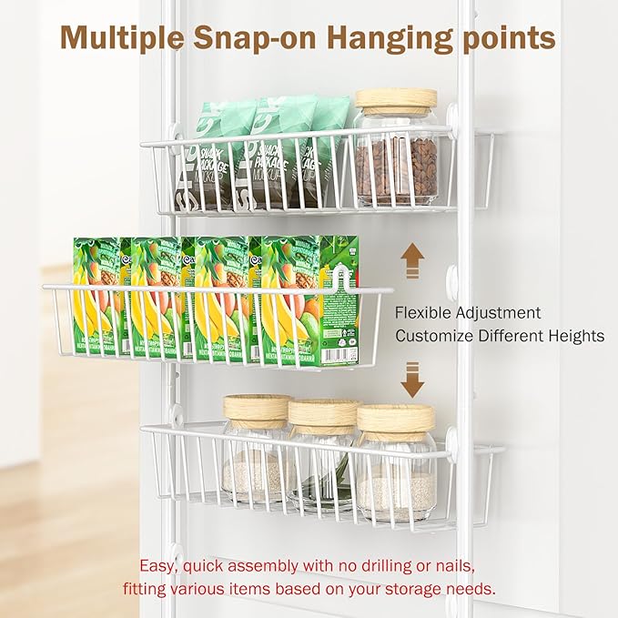 Delamu Over The Door Pantry Organizer, 5-Tier Pantry Door Organizers and Storage with Adjustable Basket, Metal Hanging Spice Rack, Seasoning Organizer, Door Organizer for Home Kitchen Bathroom, White