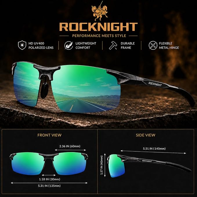 ROCKNIGHT Polarized Rectangular Sunglasses for Men Driving UV400 Protection Lightweight Al‑Mg Frame