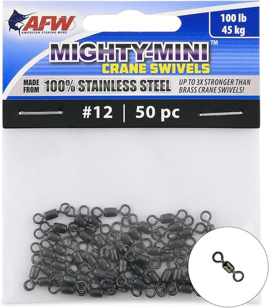 AFW American Fishing Wire Fishing Swivels - Mighty Mini 100% Stainless Steel Crane Swivels, 3X Stronger Than Brass, for Terminal Tackle Box, Up to 600lb Test - Fishing Gear for Fishing Line Leaders