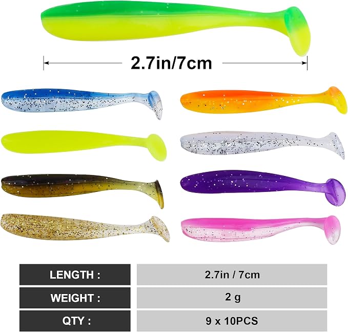 Soft Fishing Lures，90pcs Fishing Soft Plastic Lures and 5pcs Fishhook,Paddle Tail Swimbaits Soft Plastic Lures Kit for Bass Trout Walleye Crappie