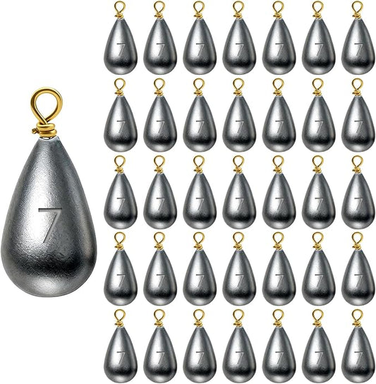 Casting Sinker Weights Assortment, Teardrop Fishing Sinkers with Brass Swivel Loops, 1/8 oz to 3/4 oz, Drop Shot Weights for Bass Catfish, Freshwater Saltwater