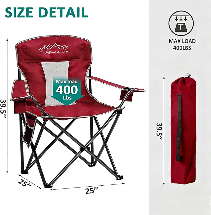 Camping Chairs for Adults Heavy Duty 400lbs Capacity, Folding Chair with Large Anti-Sink Feet & Cup Holder, Extra Wide Portable Outdoor Chair for Camping, Beach, Lawn, Fishing, Red