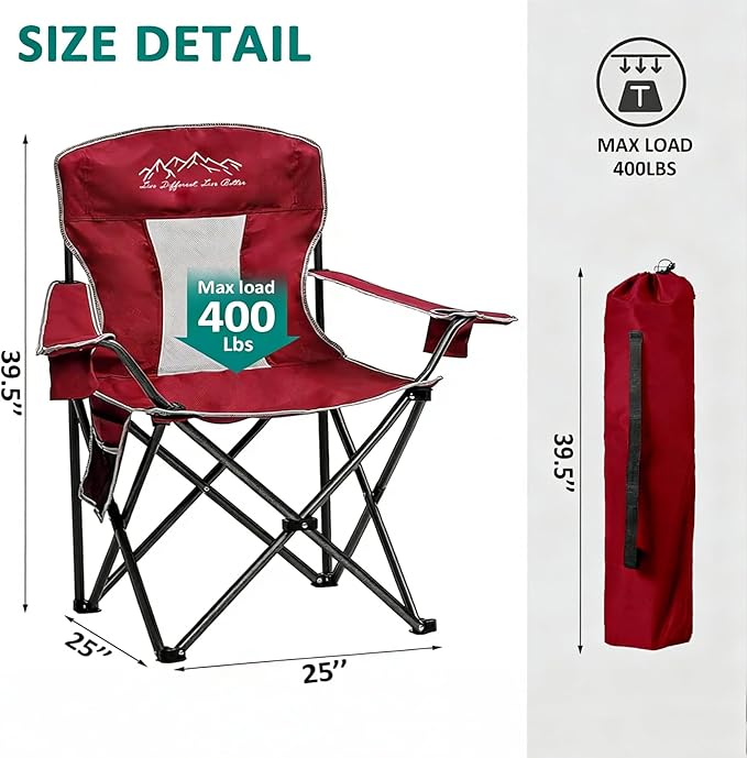 Camping Chairs for Adults Heavy Duty 400lbs Capacity, 2 Pack Folding Chair with Large Anti-Sink Feet & Cup Holder, Extra Wide Portable Outdoor Chair for Camping, Beach, Lawn, Fishing, Red