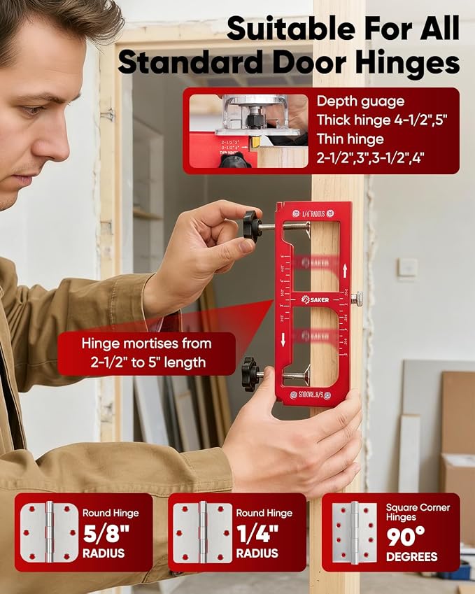 Saker Door Hinge Jig,Adjustable Door Jamb Hinge Jig,Aluminum Alloy Doors Hinges Router Jigs,Fits Door Hinges from 2.5" to 5" Length and Thicknesses,Radius 1/4” or Radius 5/8”
