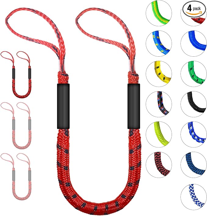 Bungee Dock Lines for Boats with Loops, Boat Tie Downs for Docking, Adjustable Boat Mooring Rope for Pontoon, Jon Boat & PWC (4-Pack, Red & Black, 4 FT)