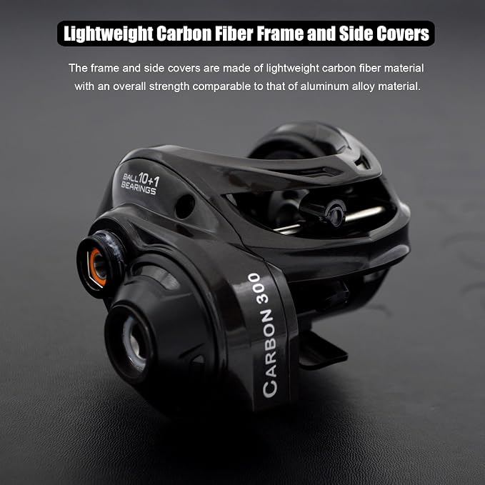 Carbon 300 Baitcasting Fishing Reel, High Line Capacity Baitcaster Reels, 6.3:1 Gear Ratio, 10+1 Stainless Steel Ball Bearings, 10 Button Magnetic Brakes, Carbon Fiber Frame and Side Covers